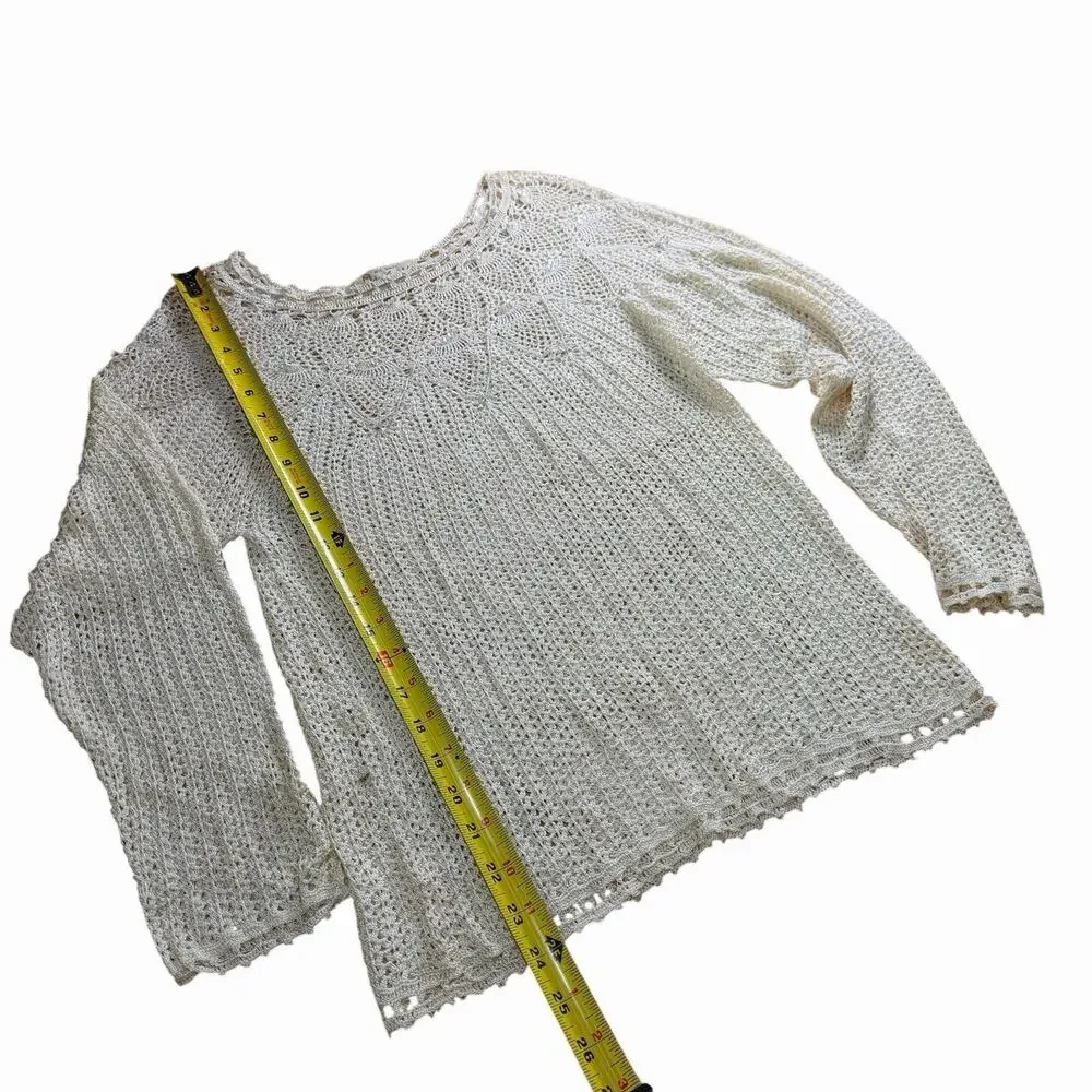 Vtg 70s Hand Crocheted Ivory Sweater Womens M Beaded Bohemian Boho Hippie